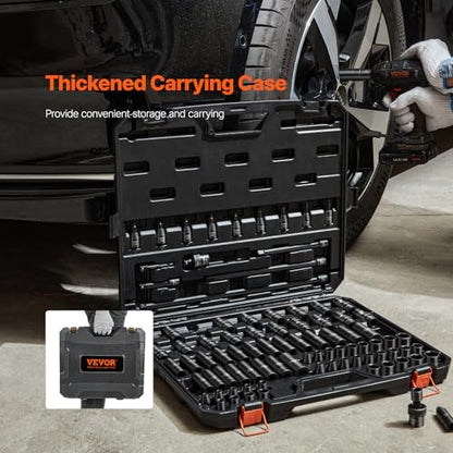 VEVOR Impact Socket Set 3/8" Drive, 90 PCS, CR-MO, SAE 1/4"-3/4" Metric 6-19mm, with Shallow & Deep Sockets, Swivel & E-Torx & Bit socket Sockets, Extension Bars, Adapters, Universal Joint - style: 3/8" 90PCS Swivel CR-MO