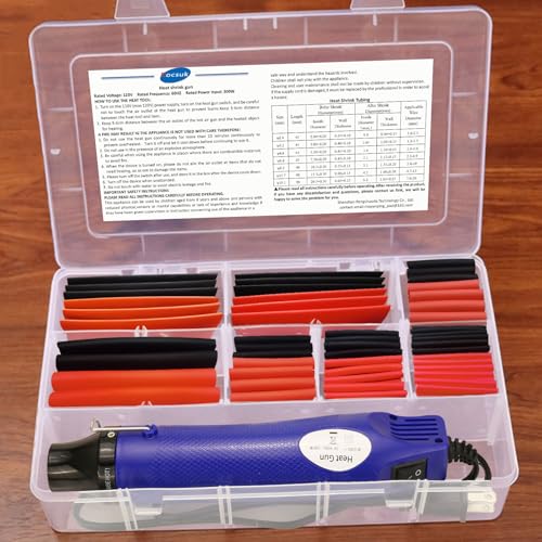 Heat Shrink Tubing Kit + 300W Mini Heat Gun for Shrink Tubing – 240pcs 3:1 Ratio Adhesive Lined Waterproof Heat Shrink Tubing for Wire Shrink Wrap (Blue). - size: Shrink Ratio 3:1 with case