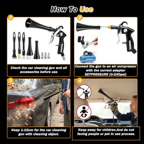 Car Detailing Air Cleaning Gun - Dry Blower Gun Works with Air Compressor | High Pressure Air Blaster with 2 Nozzles 3 Brushes 3 Connectors, Ergonomic Duster Tool for Car Interior Detailing Cleaning