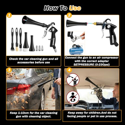 Car Detailing Air Cleaning Gun - Dry Blower Gun Works with Air Compressor | High Pressure Air Blaster with 2 Nozzles 3 Brushes 3 Connectors, Ergonomic Duster Tool for Car Interior Detailing Cleaning