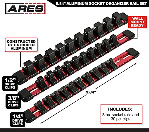 ARES 60079 Red Socket Rail | Part No. 60079; Includes 1/4-Inch, 3/8-Inch, and 1/2-Inch Drive Rails - color: Red, size: 9.84" Aluminum Socket Rail Set