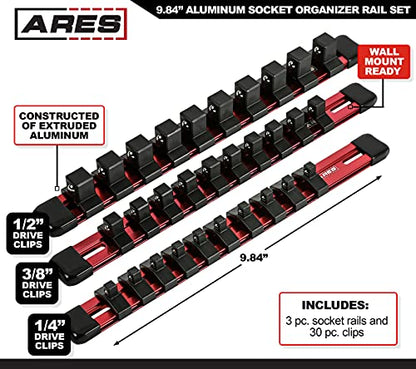 ARES 60079 Red Socket Rail | Part No. 60079; Includes 1/4-Inch, 3/8-Inch, and 1/2-Inch Drive Rails - color: Red, size: 9.84" Aluminum Socket Rail Set
