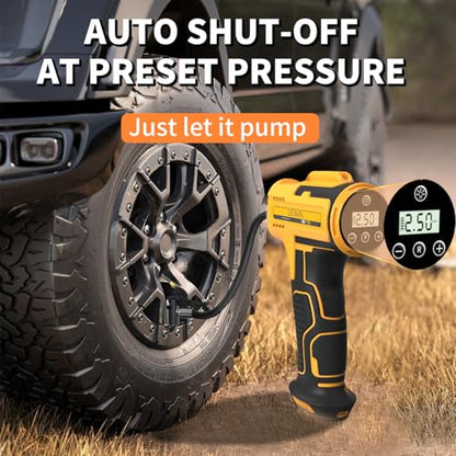 Tire Inflator Portable Air Compressor, Cordless Handheld Air Pump with Digital Tire Pressure Gauge/LED Light，Tire Pump with Rechargeable Battery, for Cars, Motorcycles, Bikes, Ball