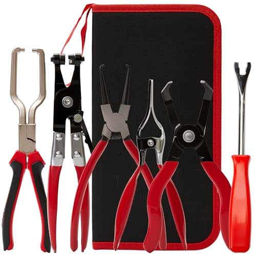 6PCS Fuel Line Disconnect Tool Set, Fuel Line Disconnect Tool Set | High-Carbon Steel，Fuel Filter Caliper, 30-Degree Disconnect Plier, Hose Clamp Plier & Panel Clip Remover with Storage Bag