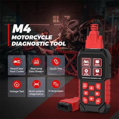 M4 Motorcycle Code Reader Scanner Diagnostic Tool for Suzuki 4-6P, Yamaha/Honda 4P, Kawasaki 1-6P, Gen IV 6P/PGO – Read/Clear Codes, Service Reset, ABS Bleed, OBD2, 17 Languages