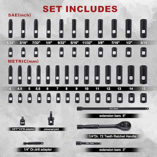 Mayouko 56PCS 1/4 Inch Drive Impact Socket Wrench Set, SAE/Metric, Deep/Shallow, 6 Point, CR-V, 5/32 Inch - 9/16 Inch, 4mm - 15mm, 72 Teeth Ratchet Handle, With Extensions, Adapters, Universal Joint - size: 56PCS With Accessory&Ratchet