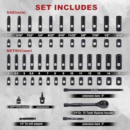 Mayouko 56PCS 1/4 Inch Drive Impact Socket Wrench Set, SAE/Metric, Deep/Shallow, 6 Point, CR-V, 5/32 Inch - 9/16 Inch, 4mm - 15mm, 72 Teeth Ratchet Handle, With Extensions, Adapters, Universal Joint - size: 56PCS With Accessory&Ratchet