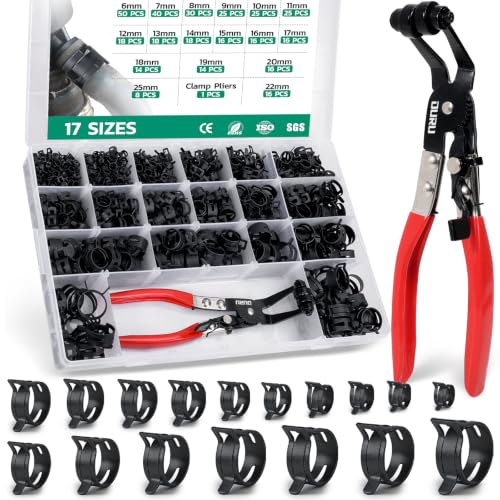 OURU Spring Band Hose Clamps Assortment Kit with Pliers, 365Pcs, 6-25mm | Constant Tension Hose Clamps, For Fuel Lines, Silicone, Vacuum Hoses, Low-Pressure Air Clips - size: 365PCS (6-25mm)+ Plier