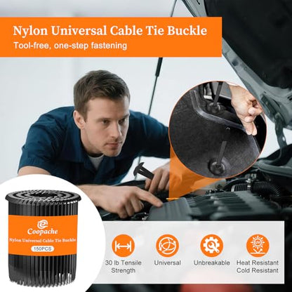 Coopache Nylon Universal Cable Tie Buckle for Car Heavy Duty 150 PCS | Upgraded Automotive Zipper Clips, Strap Style Fender Zip Ties Fasteners, Top Movable Dome (Black 150 PCS) - style: Black 150 PCS