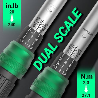1/4" Drive Click Torque Wrench, 20-240 in.lb/2.3-27 Nm, Dual-Direction Adjustable 72 Tooth Ratchet, ±3% Accuracy Small Torque Wrench for Bike and Motorcycle - size: 1/4", 1.67-20 ft-lb