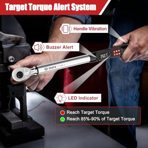 VANPO Digital Torque Wrench 1/2-Inch, 12.5–250.8 ft-lb, for Wheel Lug Nuts | Electronic Torque Wrench with LCD Display, Audible & Vibration Alert, for Automotive & Cylinder Heads, Brakes Maintenance - size: 1/2-inch 12.5-250.8 Ft-lb/17-340 Nm