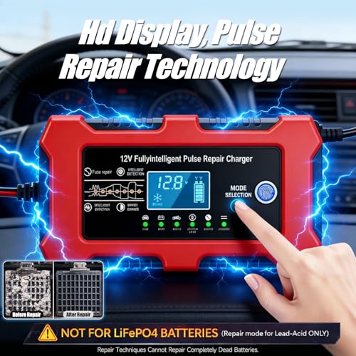 12V 10A Car Battery Charger, Lead-Acid & Lithium Trickle Battery Charger with Temperature Compensation, Desulfator & LED Display Maintainer for Car, Motorcycle, Truck, Marine, Lawn Mower