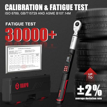 VANPO 1/2 Drive Digital Torque Wrench Set 7.4-147.5 ft.lb, ±2% Accuracy | 10-200 Nm, Electronic Torque Wrench with Sockets & Extension Bar, Buzzer/LED/Vibration Alarm, for Tire Lug Nuts, Auto Repair - size: 1/2-Inch (7.38-147.5 ft.lb/10-200 N.m)