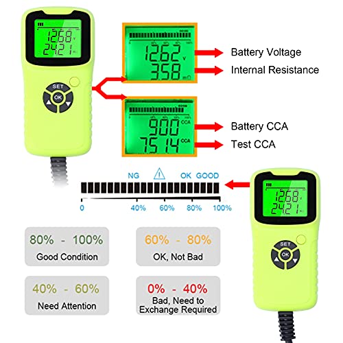 A300 Digital Car Battery Tester LCD Battery Test Analyzer Auto Test Diagnostic Tools with Wide CCA Range 100-1700 for 12V Flood AGM Gel Deep Cycle Batteries ABS 13x6.2x2.8cm (Green) - color: Green
