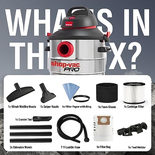 Shop-Vac 8 Gallon 6.0 Peak HP Wet/Dry Vacuum, Stainless Steel Tank, Portable Shop Vacuum with Multifunctional Attachments for Jobsite, Garage & Workshop. 5989400 - size: 8 Gallon