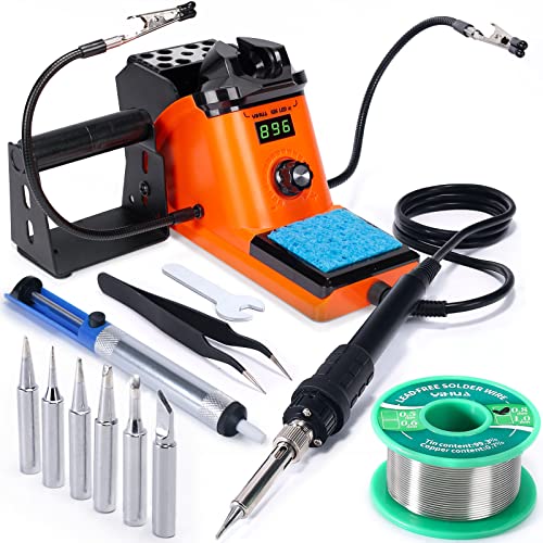 YIHUA 926 III 60W LED Display Soldering Iron Station Kit w 2 Helping Hands, 6 Extra Iron Tips, Roll of Lead-Free Solder, Solder Sucker, S/S Tweezers, °C/ºF Conversion, Auto Sleep & Calibration Support - color: Orange