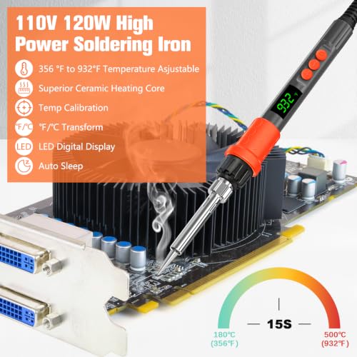 Soldering Iron Kit, 120W LED Digital Solder Iron Soldering Gun kit, Smart Temperature Control [356℉-932℉], Extra 5pcs Tips, Auto Sleep, Temp Calibration, Grey - color: Grey