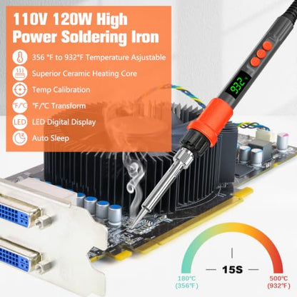 Soldering Iron Kit, 120W LED Digital Solder Iron Soldering Gun kit, Smart Temperature Control [356℉-932℉], Extra 5pcs Tips, Auto Sleep, Temp Calibration, Grey - color: Grey