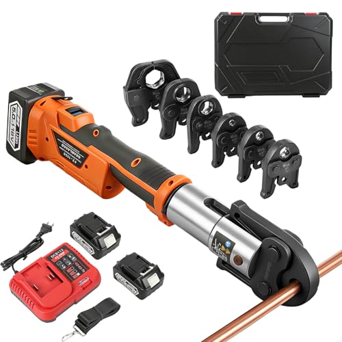 18V Brushless Copper Pipe Press Tool Kit for 1/2", 3/4", 1", 1-1/4", 1-1/2", 2", Electric Crimping Tool with 6 Jaws, 2-Pack 5.0Ah Batteries, OLED Display & Bluetooth