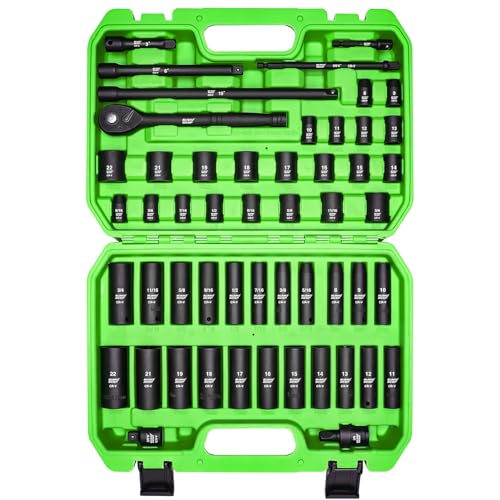 SUNHZMCKP 3/8" Drive Impact Socket Set, 52 Pcs Standard SAE (5/16-3/4 inch) and Metric (8-22mm) Shallow & Deep 6 Point Sockets, 3/8-In Ratchet Handle, Extension Bars, Adapters, Universal Joint, CR-V - size: 52-Pc 3/8" Drive Impact Socket Set