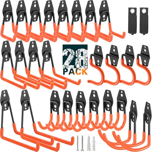 28 Pack Heavy Duty Garage Hooks, Utility Wall Mounted Storage System, with Anti-Slip Coating Hanger, for Hanging Power and Garden Tools, Ladders, Bikes, Ropes and Bulk Items - color: Orange 28 pack, size: 28 pack
