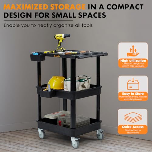 ELAFROS 3-Tier Flat Top & Deep Tub Rolling Utility Cart, 27.5 x 18.25 in | 330 lbs Capacity, Heavy Duty Plastic, 4-Inch Wheels, Service Cart, Work Cart, Storage Organizer, Office Workshop Warehouse