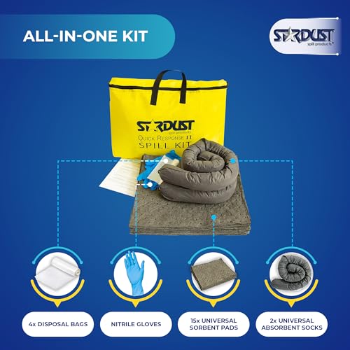 Stardust Spill Products D715 Quick Response II Spill Kit, Yellow Duffle | 15 Universal Sorbent Pads, 2 Universal Sorbent Socks 3"x4', 4 Disposal Bags, Nitrile Gloves, Includes - size: Single Pack