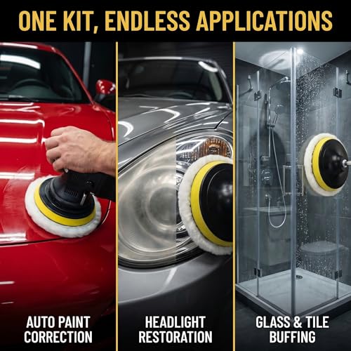 6Pcs 6 Inch Wool Polishing Buffing Pad with M14 Drill Adapter, Hook & Loop Backing Pad, Drill Polisher Attachment Buffing Wheel Set for Car, Glass, Tile, Tire Polishing & Waxing