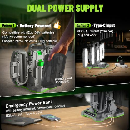 10,000LM Portable LED Work Light Compatible with Ego 56V Battery, 6 Brightness + Boost Mode, 5 Color Temps, Foldable 4-Panel with Detachable Mini Light, Tripod Mount & Hook (Tool Only) - color: Neon Green