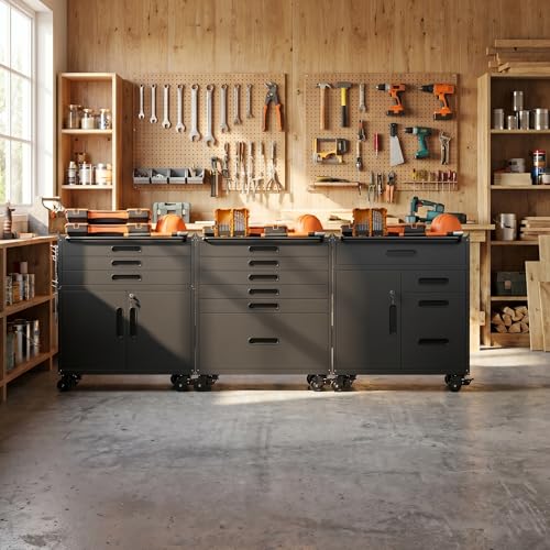Garage Tool Cabinet Set,Heavy Duty Steel Rolling Tool Chest with Lockable Doors & Adjustable Shelves