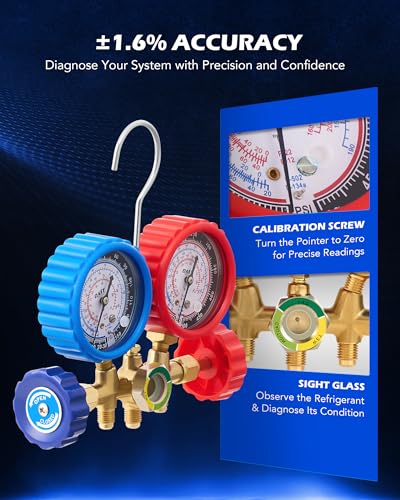 OMT AC Gauge Set for R134a, R12, R22, and R502, 5 ft Hoses | Includes R134a Couplers Self-Sealing & Piercing Can Taps 29° Adapter; Solid Brass Build; Ideal for Auto Freon Recharge - size: R134a R22 R12 R502