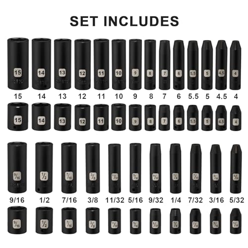 Mayouko 50PCS 1/4 Inch Drive Master Impact Socket Set,Metric/SAE,Deep/Shallow,6 Point,CR-V, 5/32 Inch - 9/16 Inch, 4mm - 15mm. - size: 50PCS Without Accessory
