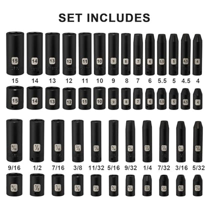 Mayouko 50PCS 1/4 Inch Drive Master Impact Socket Set,Metric/SAE,Deep/Shallow,6 Point,CR-V, 5/32 Inch - 9/16 Inch, 4mm - 15mm. - size: 50PCS Without Accessory