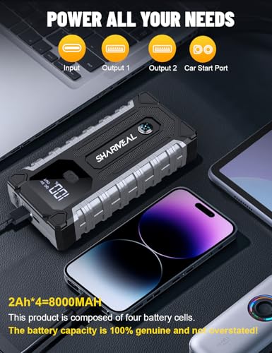 Sharmeal Car Jump Starter 6000A, Jump Starter Battery Pack for All Gas and 9.0L Diesel, 12V Portable Jump Box with LED Light - color: 6000A(60C Battery Enhanced Version)