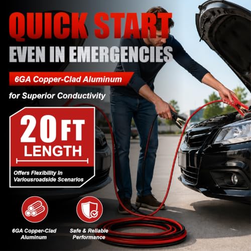 Jumper Cables 6 Gauge 20 Feet,Heavy Duty Battery Booster Cable,Automotive Jumping Wires with Alligator Clamps,Carrying Bag,Safety Gloves and Iron Brush for Cars Trucks - size: 6 Gauge 20 feet (Pure Copper)