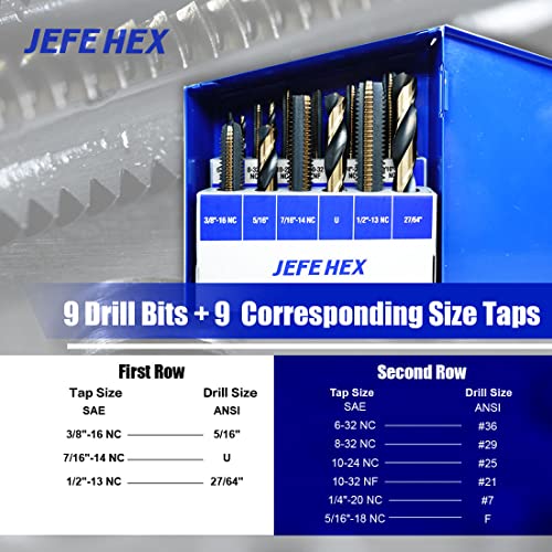 JEFEHEX 18pcs Drill and Tap Set with 1 Piece T-Handle Ratchet Tap Wrench, Tap Range 6-32NC—1/2"-13NC, Black and Gold Premium HSS Jobber Length Drill Bits and Hand Plug Taps with Metal Indexed Box - size: 18PCS SAE