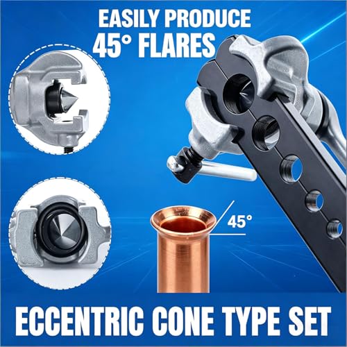 Eccentric Flaring Tool Kit, 45° Copper Flaring Tool for HVAC Mini Split & Auto Brake Line, SAE 1/4"-3/4" & Metric 6-19mm Tubing Flaring Kit with Tube Cutter, Deburrer and Hard Storage Case