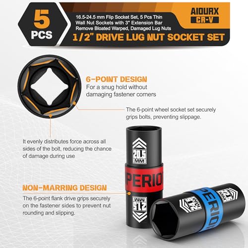 1/2" Drive Lug Nut Socket Set, 16.5-24.5 mm Flip Socket Set, 5 Pcs Thin Wall Nut Sockets with 3" Extension Bar, Remove Bloated Warped, Damaged Lug Nuts