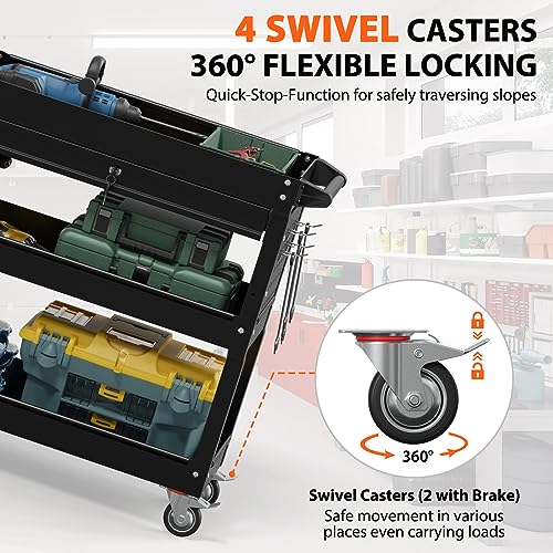 3-Tier Heavy Duty Utility Cart on Wheels, Rolling Tool Cart on Wheels with a Drawer, 350 Lbs Load Capacity Service Cart for Warehous, Garage and Repair Shop (Black) - color: Black