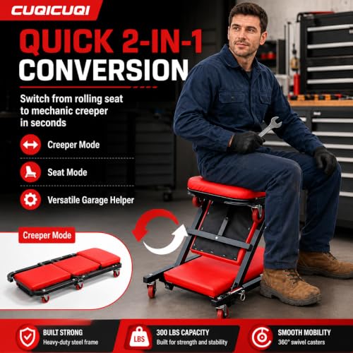 Automotive Creeper, 36 Inch Z-Shaped Garage Creeper, Low Profile Mechanic Creeper Seat with 300 lbs Capacity, 360° Swivel Casters for Car Repair, Garage and Workshop