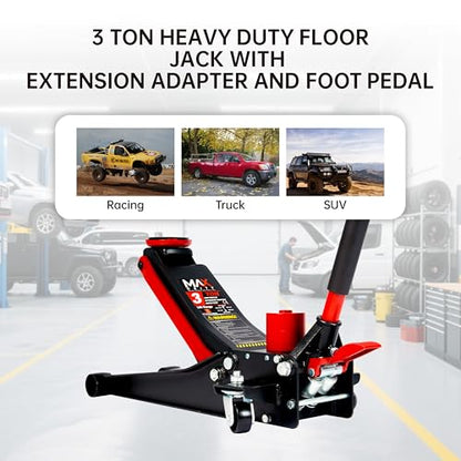 3-Ton (6600lbs) Low-Profile Dual Pistons Heavy-Duty Steel Racing Off Road Floor Jack with Quick Lift Hydraulic Pump, Foot Pedal and Extension Adapter for Car Maintenance