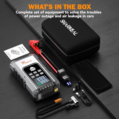 6000A Jump Starter with Air Compressor 160PSI 12V for All Gas/10L Diesel | Portable Car Battery Fast Charge Jump Starter, Jump Box with 3 Modes Flashlight and Jumper Cables Pack with Carries Case