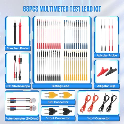 Multimeter Test Lead Kit Automotive 68PCS Back Probe Kit Multi Function Multimeter Leads Kit Size Coding Circuit Test Leads Kit with Alligator Clips Electrical,Banana Plug Test Lead,Oscilloscope Probe - size: 68PCS