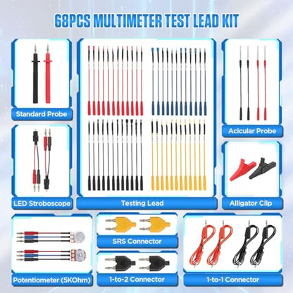 Multimeter Test Lead Kit Automotive 68PCS Back Probe Kit Multi Function Multimeter Leads Kit Size Coding Circuit Test Leads Kit with Alligator Clips Electrical,Banana Plug Test Lead,Oscilloscope Probe - size: 68PCS
