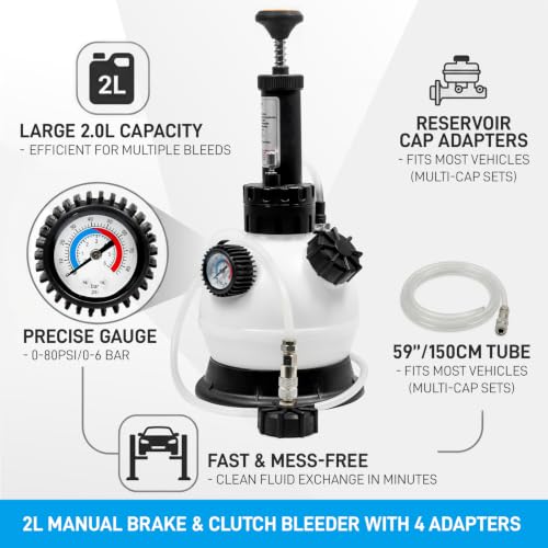 SMOTIVEPRO 2L Manual Brake Bleeder Kit with 4 Master Cylinder Adapters, One Person Brake Fluid Bleeding Tool Compatible with GM, Ford, Honda, BMW and More for ABS & Clutch Systems - size: with 4-adapter set(for multi-vehicle)
