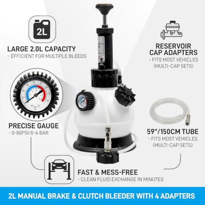 SMOTIVEPRO 2L Manual Brake Bleeder Kit with 4 Master Cylinder Adapters, One Person Brake Fluid Bleeding Tool Compatible with GM, Ford, Honda, BMW and More for ABS & Clutch Systems - size: with 4-adapter set(for multi-vehicle)