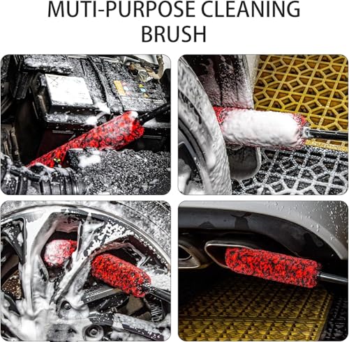 Metal Free Soft Wheel Cleaner Brush, Synthetic Wool Car Cleaning Brush, Highly Water Absorption, Dense and Durable Tire Brush for Cleaning Wheels, Rims, Spokes, Fenders, Engines… - color: black+red