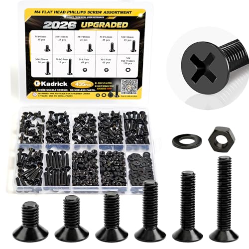 KADRICK 435Pcs M4 Countersunk Screws,M4 Flat Head Screws,Phillips Bolts Nuts Washers Assortment Kit,Zinc Plated,Lenth of 8MM-25MM - size: M4 435Pcs 8-25mm