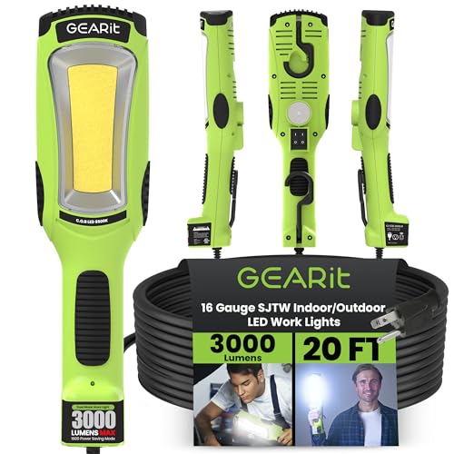 GEARit 20ft LED Work Light COB 3000LM 27W, Corded Shop/Drop Light with Magnetic Base, Swivel Hook & Built-in Outlet, 16/3 SJTW Trouble Light for Mechanics, Garage, Under Hood, Green - color: 3000LM Green, size: 20 Feet