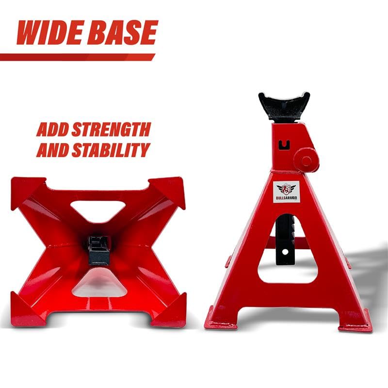 BullsArmor Jack Stands 3 Ton (6,000 lbs) Capacity - Heavy Duty Professional Steel with Self-Locking for Car, Small SUV - Adjustable Height with High Lift Range for Garage & Workshop - Red, 1 Pair